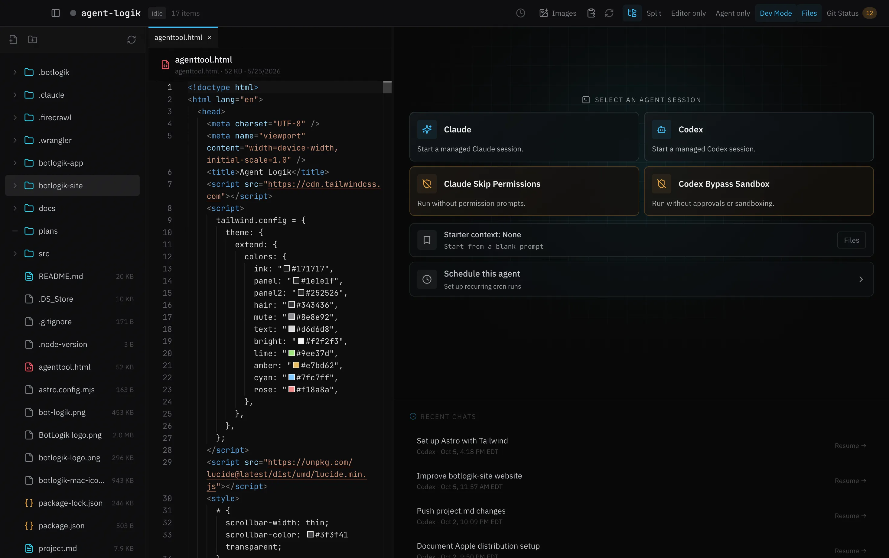 BotLogik workspace with a project file explorer, code editor, Claude and Codex session options, and recent chats.